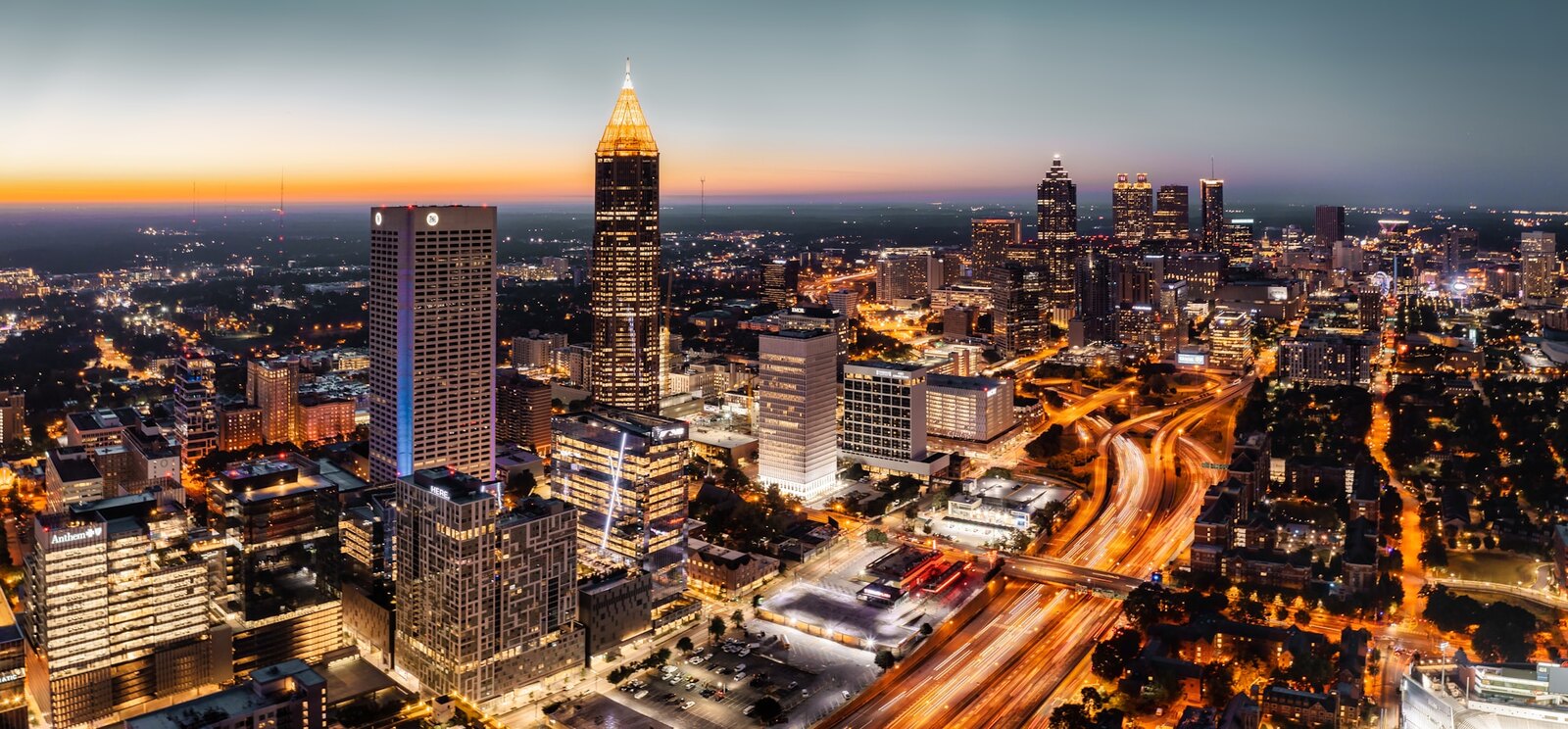 Aerial night view of the Atlanta, Georgia skyline, host city for GSX 2026