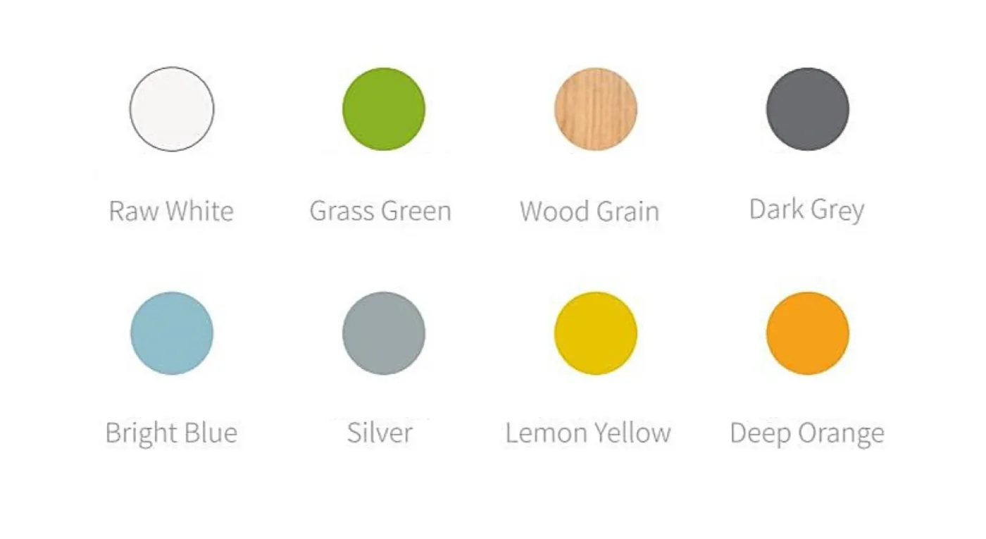 The eight Prodec Acoustic Booth finishes: Raw White, Grass Green, Wood Grain, Dark Grey, Bright Blue, Silver, Lemon Yellow, Deep Orange