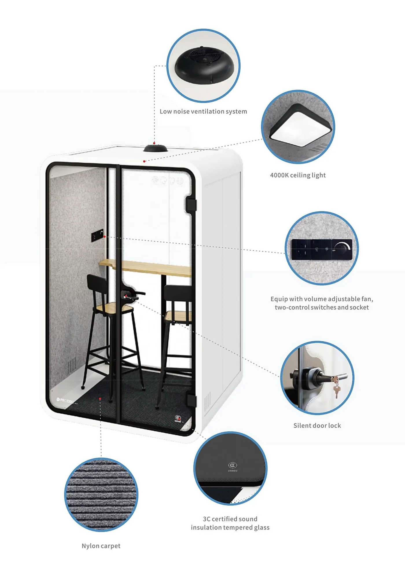 Prodec Acoustic Booth features: low-noise ventilation, 4000K ceiling light, volume-adjustable fan and sockets, silent door lock, 3C tempered glass, nylon carpet floor