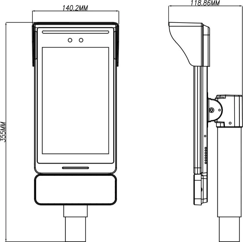 Plano de dimensiones del MY1036, vista frontal y lateral