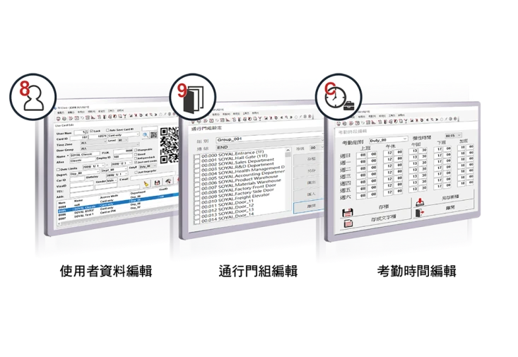 SOYAL 701: user data, door group and attendance-time editing screens