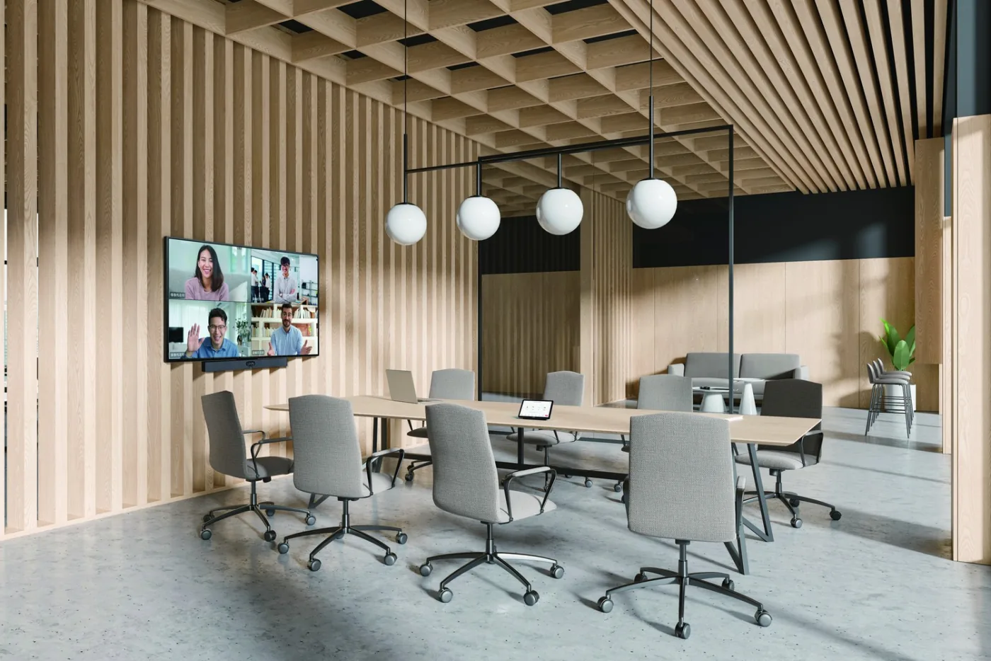 MeetingBar A40 in a wood-panel meeting room